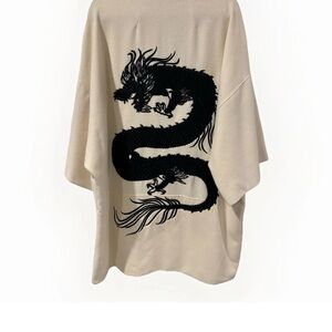 Josie Natori Ivory Wool Dragon Embroidered Women’s Jacket Coat Size XL